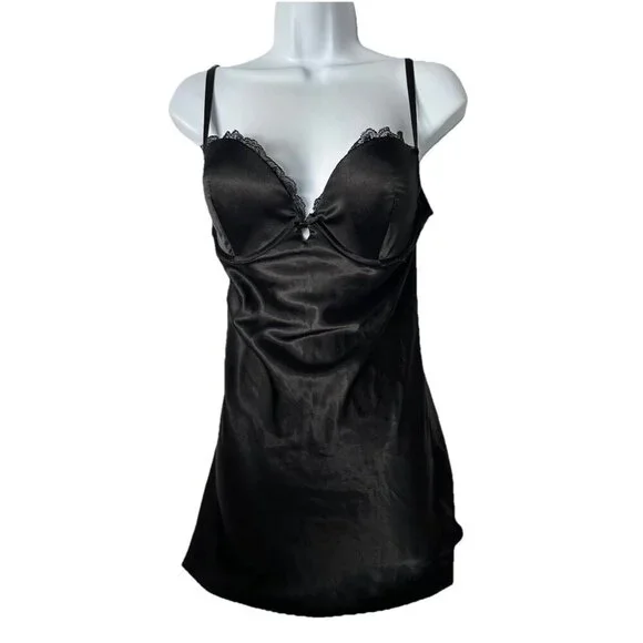 Victorias Secret Lingerie Womens 36C Black Silky Underwire Slip Chemise Babydoll - Picture 1 of 5